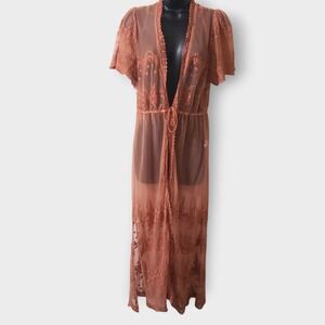 Blashe Womens Lace Maxi Kimono Coverup Robe Dusty Rose Pink Large Fairy Coquette